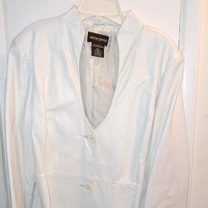 White Deep Scoop Neck Leather Jacket, Size 16